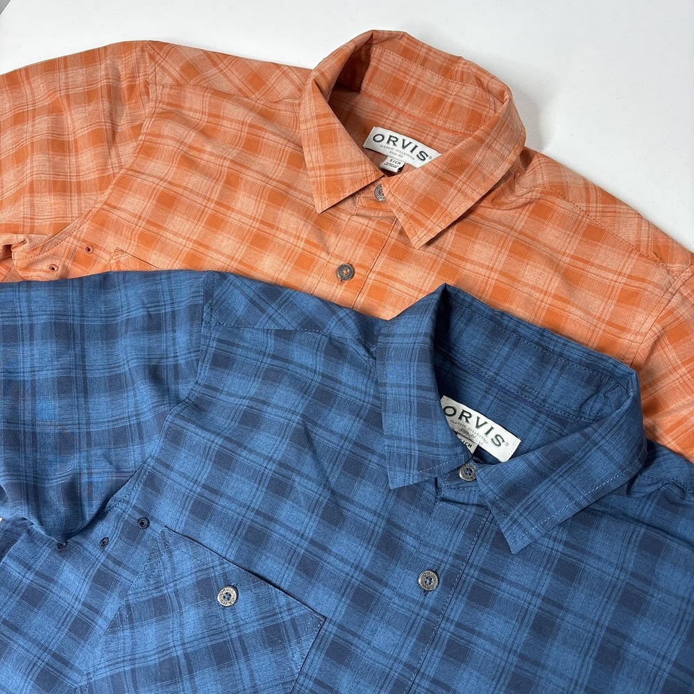 Lot of 2 Orvis Mens Performance Tech Plaid Shirts‎ Size S Blue Orange Venting